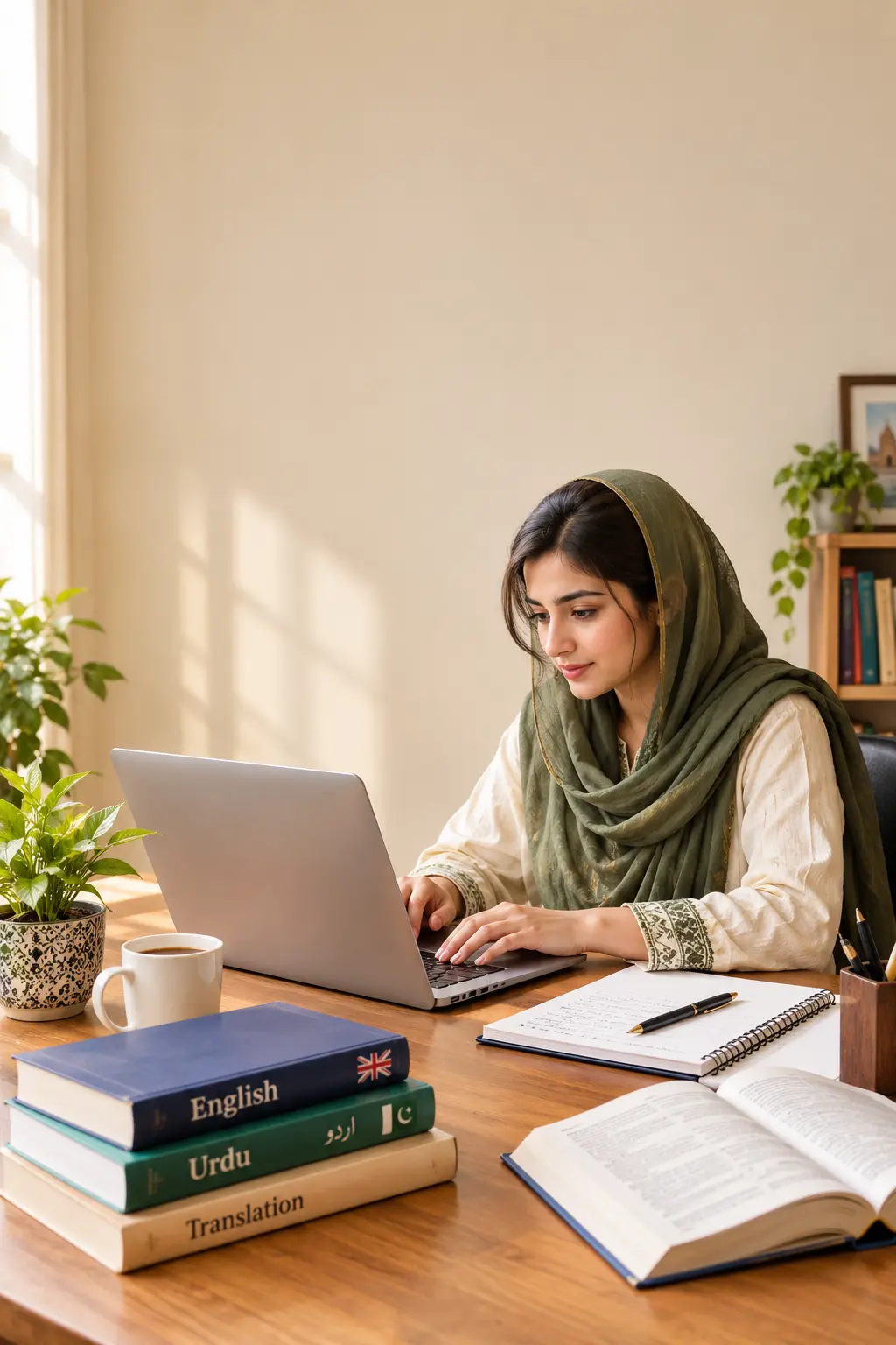 Pakistani freelance translator working on a laptop at a home desk with English and Urdu reference books